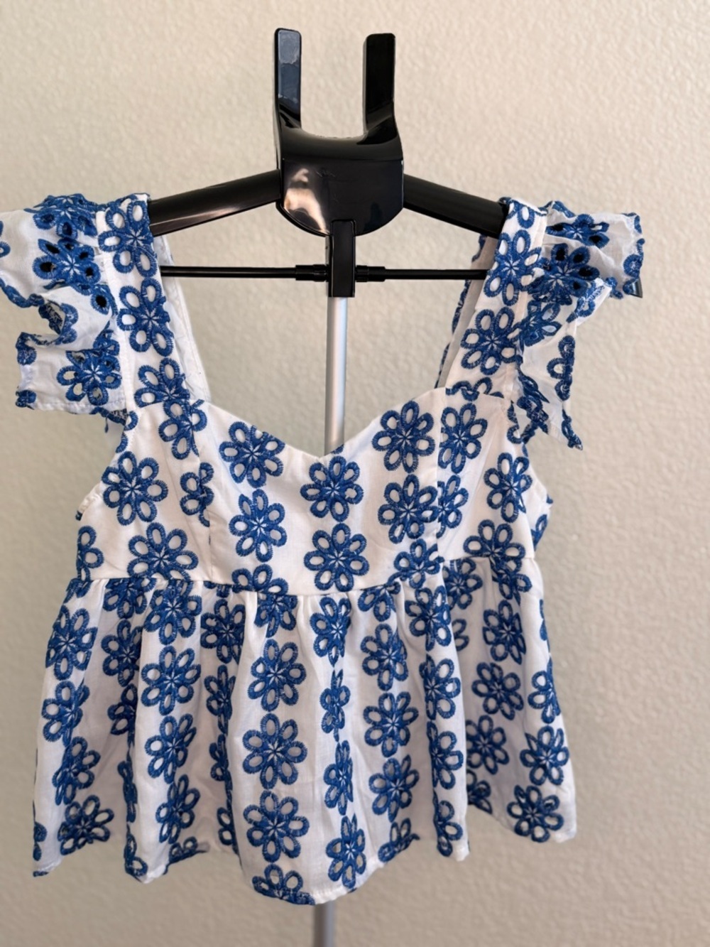 SHEIN White Crop Top with Blue Floral Eyelet Embroidery